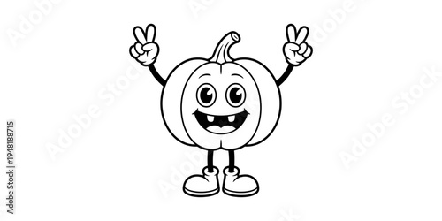 A cute cartoon pumpkin character giving a double peace sign in a simple black and white line art Vector, illustration