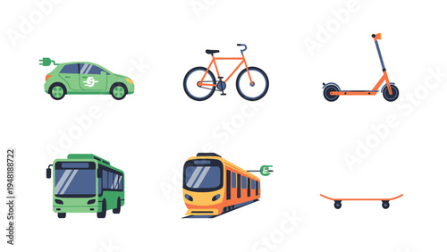 Green Transportation Icons Set Electric Car Bicycle Scooter Bus Train Skateboard Sustainable Urban Mobility Collection