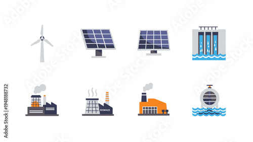 Set of Renewable and Traditional Energy Production Icons Wind Turbine Solar Panels Hydroelectric Dam Factories and Nuclear Power Plant