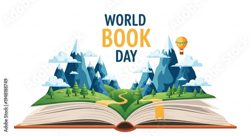World book day illustration with open book mountains and hot air balloon on white background symbolizing reading and adventure