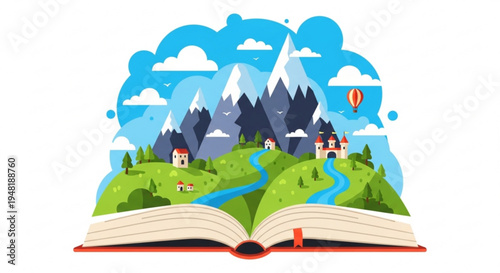 Open book with fantasy landscape and mountain scenery emerging from pages illustrating imagination and storytelling