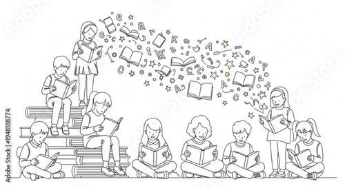 Children reading books and learning with floating icons and symbols around them in a line drawing style
