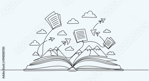 Open book with pages flying out symbolizing knowledge and imagination in a creative dreamy landscape with mountains and clouds