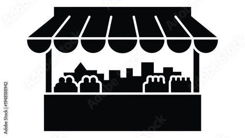A black and white illustration of a market stall with various goods on display under a scalloped awning, set against a clean white background