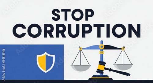 Stop corruption concept with justice scale and shield icon on white background