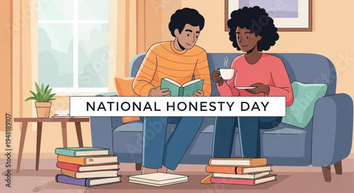 Couple sitting on a couch celebrating national honesty day with books and coffee