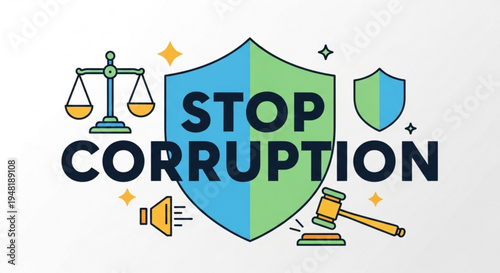 Stop corruption concept with shield scales gavel and megaphone icons on white background