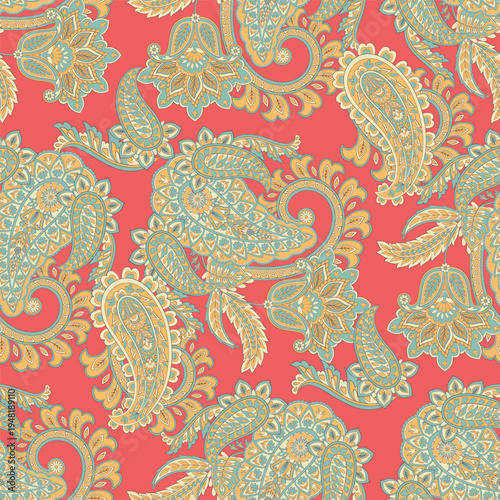 Paisley seamless vector pattern with fantastic flowers and leaves. Bohemian textile print inspired by batik. Vintage style