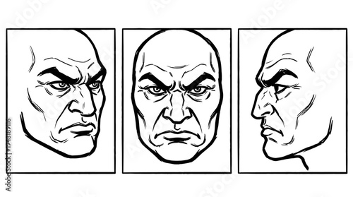 Comic Book Style Furious Bald Male Face in Three Views