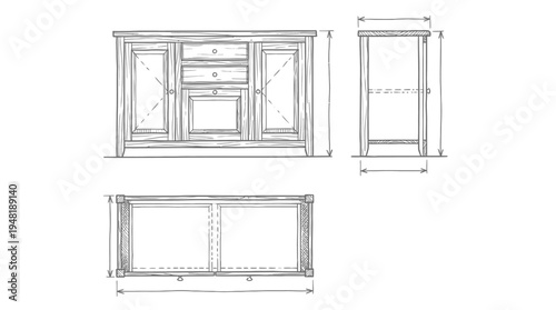 Furniture Plans Detailed Line Drawing of a Wooden Vanity