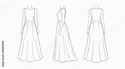 Elegant Vector Line Art of a Wedding Dress