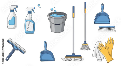 Cleaning Supplies Set with Various Household Tools for Hygiene Tasks