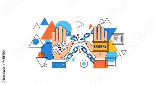 Hands with money and bribery chained together in colorful geometric shapes