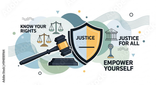 Justice concept with gavel shield and scales on abstract background symbolizing law order and equality for all