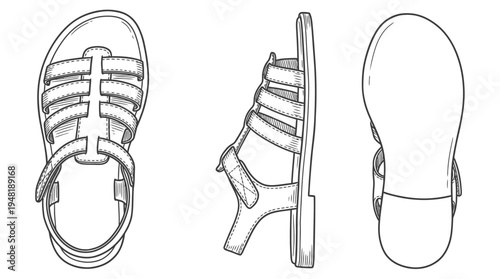 Outlined Drawings of a Roman Sandal in Three Views