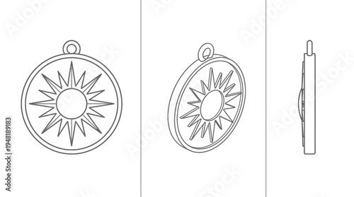 Geometric Sun Charm Outline in Isometric and Side Views