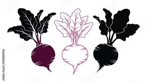 A pixelated illustration of three beets with leaves, one purple, one pink outline, and one black, set against a white background, showcasing a simple yet charming vegetable design