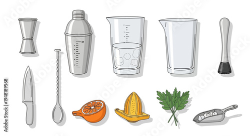 Cocktail Barware and Fresh Ingredients for Drink Preparation Illustration