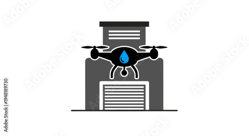 Drone flying over industrial garage door.