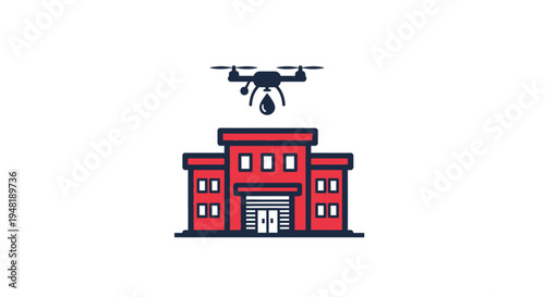 Drone flying over red fire station.