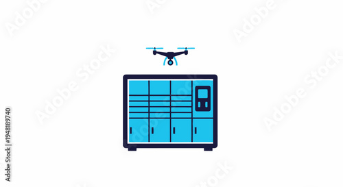 Drone hovers over blue cabinet.