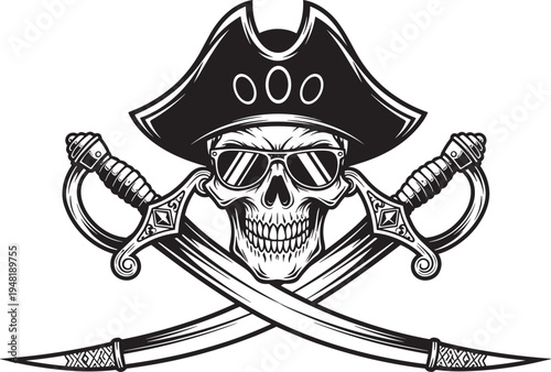 Pirate skull with hat, aviator sunglasses, crossed swords emblem, bold vector illustration, gothic tattoo design, black and white art, rebellious jolly roger graphic