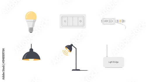 Smart Home Lighting Technology Icons LED Bulb Switch Strip Pendant Lamp and Bridge