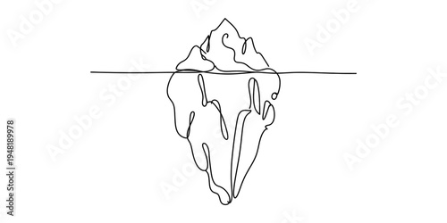 Minimalist continuous line drawing of an iceberg floating on the ocean water surface in black ink Vector, illustration