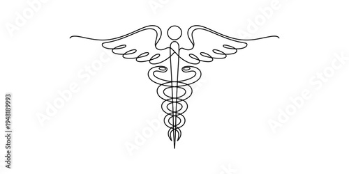 A minimalist black line art drawing of the caduceus symbol isolated on a clean white background Vector, illustration
