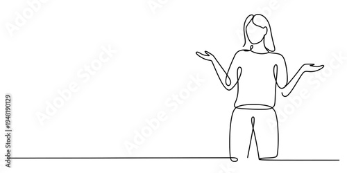 Continuous Line Drawing of Young Woman Shrugging Shoulders with Confused Gesture Doubt and Uncertainty Concept Design