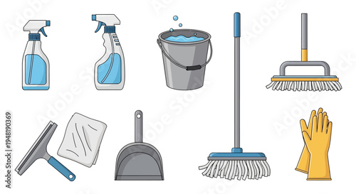 Cleaning Supplies Collection Featuring Various Household Items and Tools