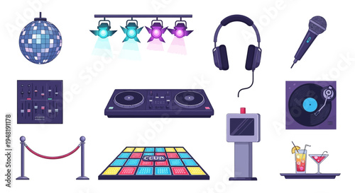 Club Party Equipment Set with Disco Lights Dj Gear and Drinks
