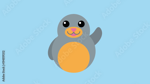 Cute cartoon grey seal with an orange belly and nose waving on a light blue background, simple illustration for children.