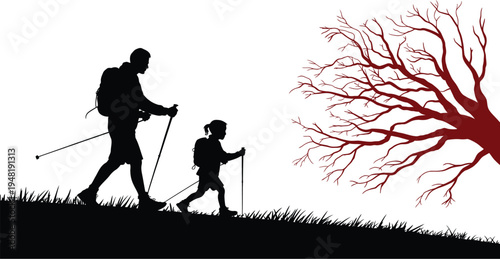 Father and Children Walking in a Sunny Park Silhouette