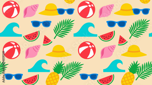 A vibrant seamless pattern featuring various summer and beach elements like beach balls, hats, sunglasses, waves, watermelons, pineapples, and palm leaves on a light background.