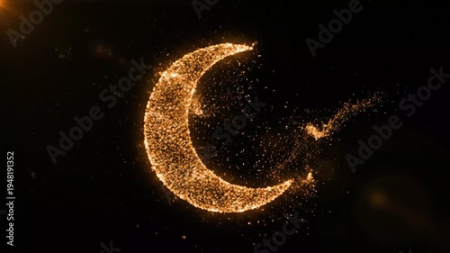Glittering crescent moon with sparkling particles on dark background