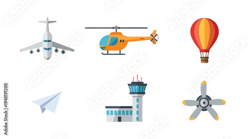 Set of Aviation and Transportation Icons Airplane Helicopter Hot Air Balloon Airport Tower Propeller Paper Plane