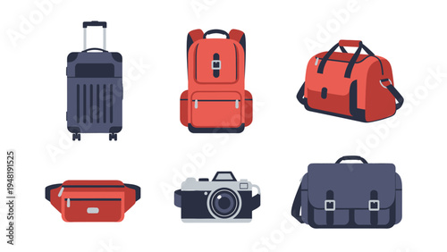 Travel Essentials Flat Vector Illustration Set: Luggage, Backpack, Camera, Duffel Bag, Fanny Pack, Messenger Bag