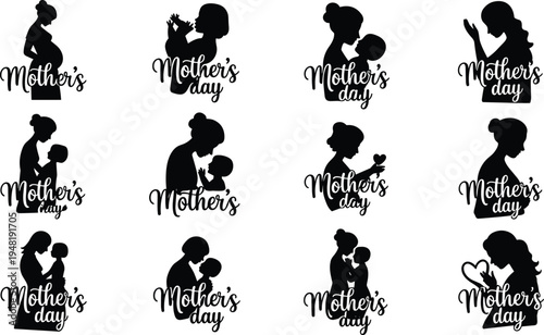 Collection of Mother’s Day mother and child silhouettes with loving maternal poses and motherhood typography, family affection concept icon set for greeting cards and prints