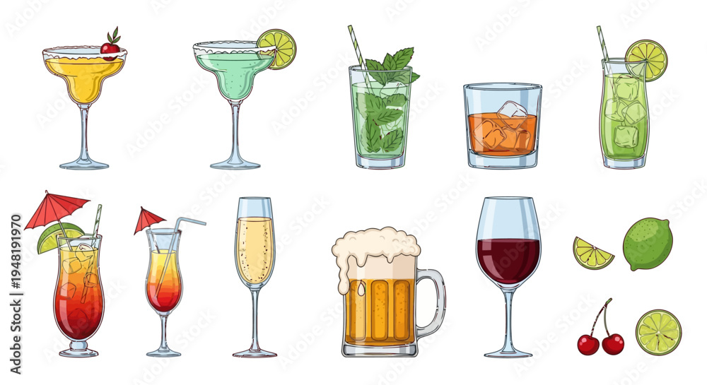 Εκτύπωση καμβά Drinks Colorful Set of Refreshing Alcoholic Beverages and Fruits