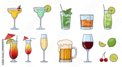 Drinks Colorful Set of Refreshing Alcoholic Beverages and Fruits