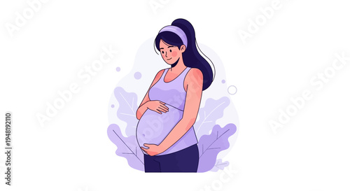 Illustration of a pregnant woman in a purple outfit cradling her belly with a gentle expression on her face against a soft purple background symbolizing prenatal life awareness