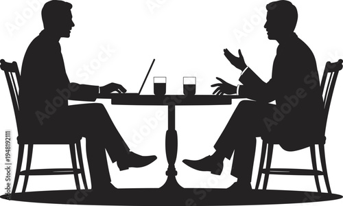 Business meeting silhouette, two businessmen discussing ideas at table with laptop and coffee corporate conversation partnership negotiation office communication concept