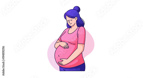 Illustration of a pregnant woman cradling her belly with love and care on a soft pink background, symbolizing prenatal life awareness and pregnancy protection
