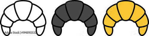 Minimalist croissant icon set with line art, gray and yellow variations showing classic French pastry shapes