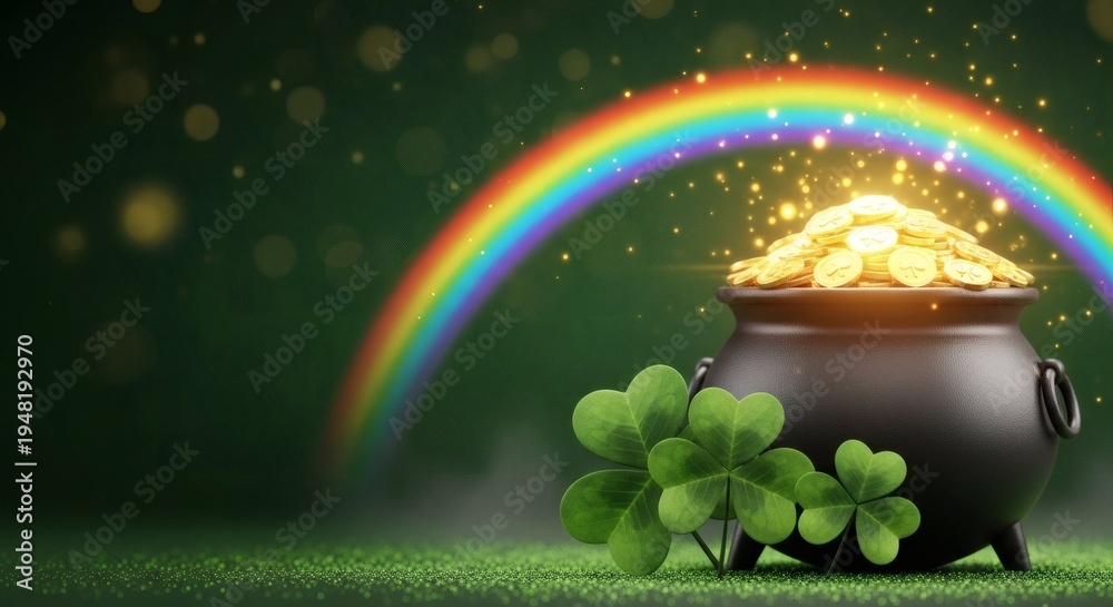 Naklejka premium Pot of gold at the end of a rainbow with shamrocks on lush green grass
