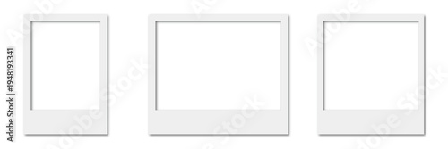 A versatile set of blank white instant photo frames, presented in portrait, landscape, and square orientations, ideal for showcasing cherished memories or design mockups.