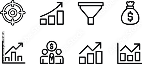 Growth funnel and marketing analytics line icons set for sales performance and business strategy

