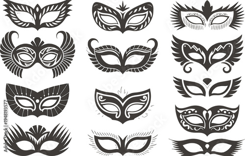 Ornate masquerade mask silhouette set featuring decorative wing and floral patterns for carnival party celebration mystery events and festive decor