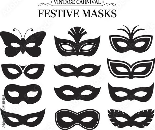 Vintage carnival festive masks collection featuring butterfly and feathered masquerade silhouettes isolated on white background for professional vector design elements.